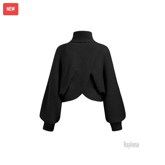 Cropped Turtleneck Sweater Long Sleeve Ribbed Knit Lantern Sleeve Pullover - Picture 5 of 7